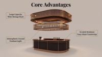 Comptoir de caisse ovale en bois foncé avec anneau perforé bronze, présentoir à grains de café, base LED lumineuse, aménagement personnalisé pour café