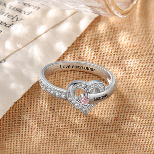 Dropshipping <b>Heart</b> Shape Custom Name <b>Ring</b> With <b>Pink</b> Birthstone Pave Set Cubic Zirconia Women's Romantic Jewelry - Product Image 1