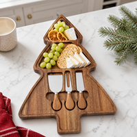Planche à fromage en bois d'acacia motif sapin de Noël, avec couteaux, plateau de service pour charcuterie, coffret cadeau de Noël – Vente chaude
