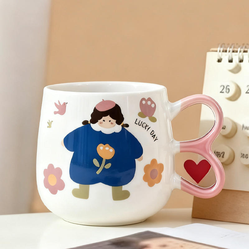 Blue-clad girl, chubby cup