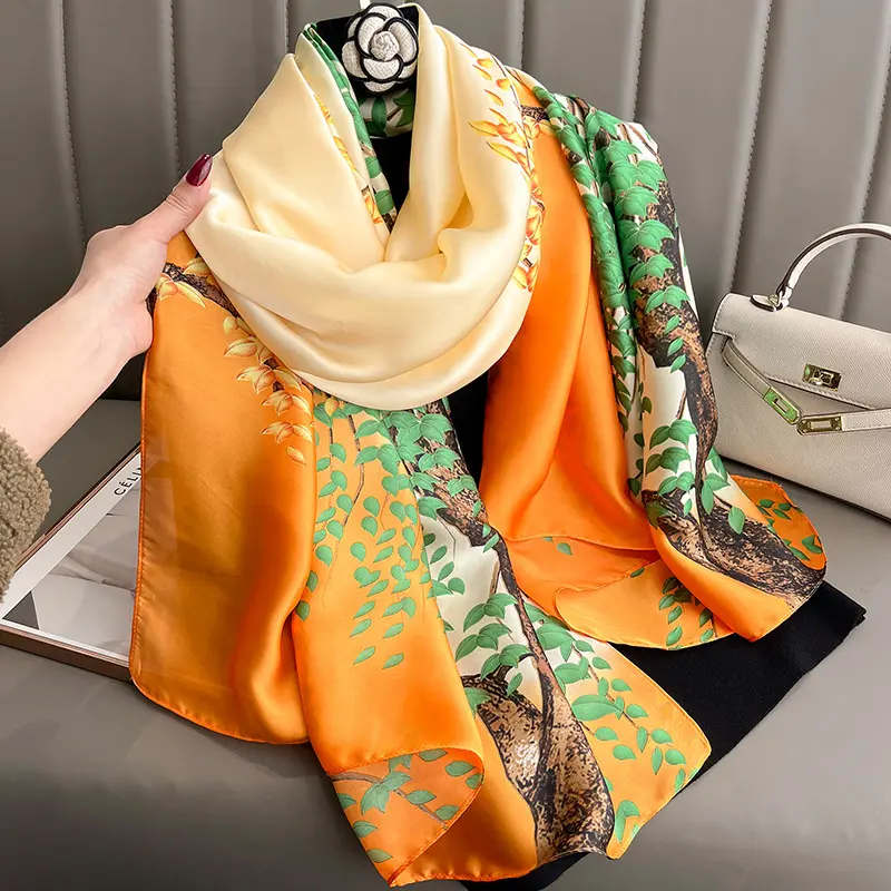 Factory Supply Hot Sale Silk Scarf Green Tree Printed Shawl Designer Long Silk Scarf For Women