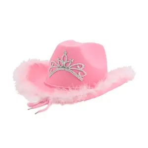 Western Style Cowgirl Hats For Women Girl feather edge party hat Pink Cowgirl Hats with rhinestone