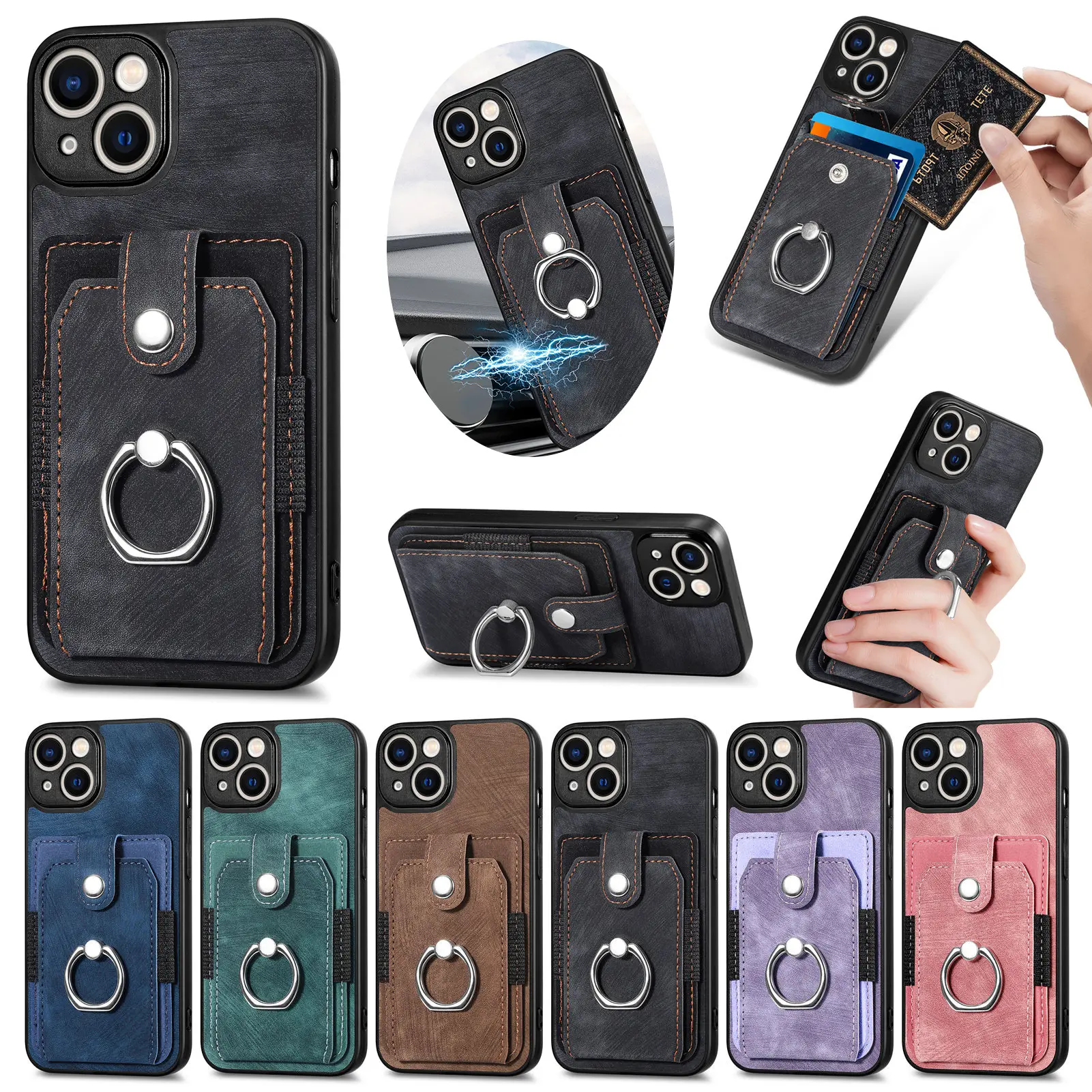 For iPhone 14 Pro Max Case Wallet Card Holder, Retro PU Leather Ring Stand Mobile Phone Cases for iPhone 7 8 11 12 13 14 Pro Max