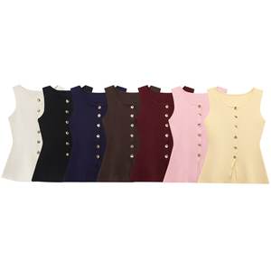 Automne nouveau <span class=keywords><strong>gilet</strong></span> tricoté amincissant à col rond <span class=keywords><strong>doré</strong></span> à simple boutonnage - Product Image 2