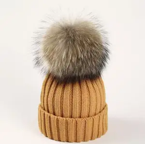 Sombrero de bola de piel de mapache para mujer y niño, Bola de Pelo, alta calidad, venta al por mayor