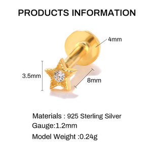 ต่างหูเงินแท้ S925 รูปดาวห้าแฉกประดับเพชรซิร์คอน แบบเกลียว 16G หัวแบน - Product Image 2