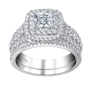 两排光环垫切割辉石结婚戒指套装925纯银珠宝套装女性