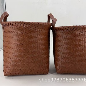 ตะกร้าเก็บของทรงกระบอกแบบถักมือพร้อมหูจับ PU ตกแต่งหมุด สำหรับใส่ของเล่น ซักผ้า ใช้ในครัวสไตล์เรโทร - Product Image 3