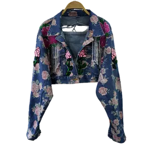 Denim Jacket Printed Tie-dye Tassel Polo Collar Denim Jacket Flower Print Embroidered Jeans Jacket Casual