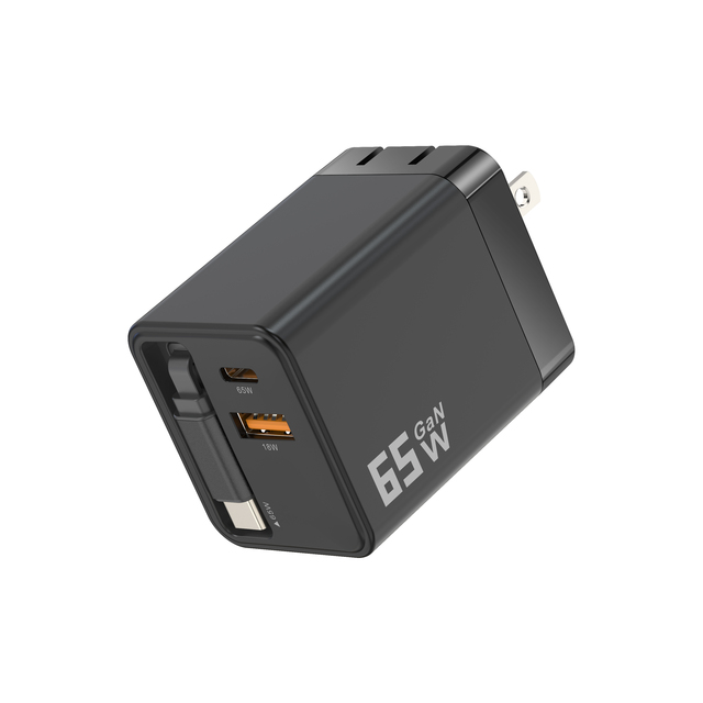 65W GaN Fast Charger USB C Dual Ports Foldable Wall Charger Retractable Cable Mobile Phone Chargers PD 3.0 QC 3.0 OTP UK US EU