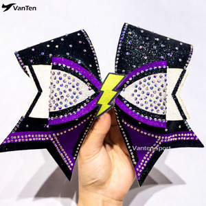 Lazos de Animadoras Personalizados con Logotipo, de Alta Calidad, Triple Threat, en Verde Neón, Rosa y Azul Rey, Lazos Grandes con Cola Completamente Decorada con Pedrerí<span class=keywords><strong>a</strong></span> - Product Image 3