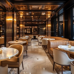 Meubles de restaurant de café de luxe, tables rondes en marbre, chaises pâles et ensemble de canapé en velours orange pour la salle à manger du café - Product Image 5