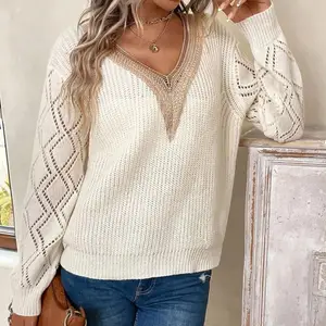 PDEP 2023 V-neck renda baru sweater longgar kasual Pullover wanita rajut produsen rajutan bordir crochet sweater wanita