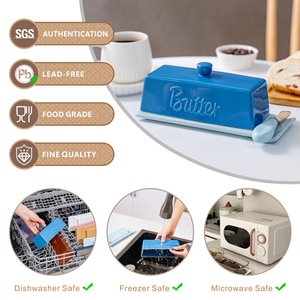 Beurrier en céramique émaillée bleue avec couteau - Récipient à beurre bicolore pour la cuisine à domicile - Product Image 6