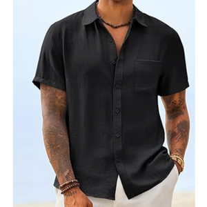 Chemise à manches courtes boutonnée pour homme, noire unie, décontractée, col rabattu, respirante, haut d'été - Product Image 4