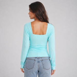 Camiseta de manga larga con cuello en V para mujer, ajuste ceñido con lazo en la cintura, color liso, top básico al por mayor, 95% viscosa 5% elastano, transpirable, fruncido - Product Image 3