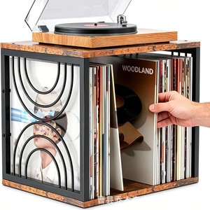 Nuevo soporte de madera para discos/soporte para tocadiscos/estantería de madera y hierro para almacenamiento y organización de discos de vinilo/CD para uso doméstico - Product Image 1