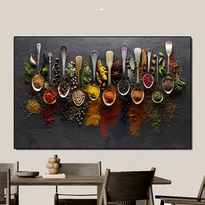 Toile de décoration murale avec cuillère, épices et graines, pour la maison, peinture, affiches, imprimés, images d'art pour la salle à manger