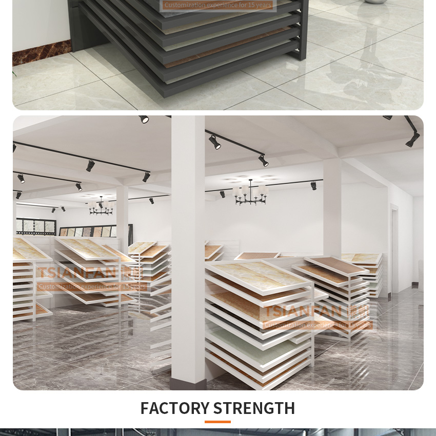 New design custom granite showroom design Inclined sliding slab Artificial marbles shelf stone tile display rack