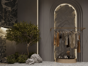 Custom Clothing Store Display Furniture Marble Island Counter Arched Garment Rack Boutique Interior Turnkey Fit-out - Product Image 3
