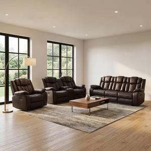 Conjunto de sofá reclinable eléctrico moderno con luces LED, mesa elevadora extensible, gabinete de almacenamiento, cuero artificial, relleno de esponja. - Product Image 5