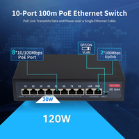 Switch PoE de Alta Calidad de 120W con 8 Puertos PoE y 2 Puertos de Enlace Ascendente Ethernet de 100Mbps, AI Watchdog, Switch de 10 Puertos con Alimentación a Través de Ethernet