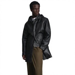 <b>Men's</b> Genuine Leather Eco-Friendly Breathable Waterproof Anti-Wrinkle Mandarin Collar Double Breasted Long Winter <b>Overcoat</b> - Product Image 1