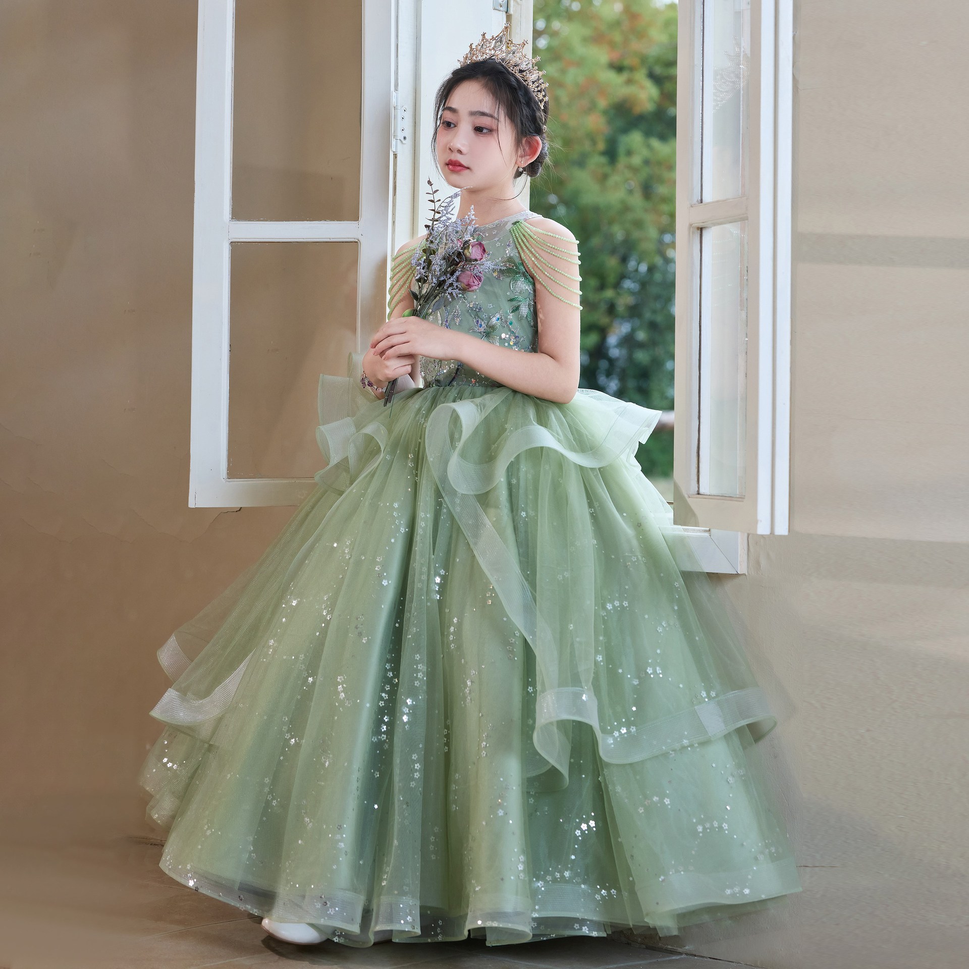 princess wearing green dress Olive green slit silk dress with belt