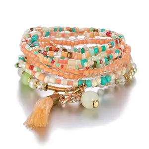 Bohemian Estilo Pedra Natural e Arroz Bead Pulseira Conjunto com trevo e Tassel Encantos