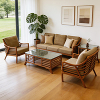 Natürliches Rattan Modernes Nordisches Wohnzimmer-Sofa-Set Handgewebtes 3-Sitzer-Sofa Sessel Glastisch Couchtisch Wohnmöbel