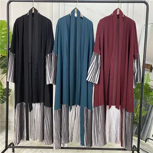 Long Sleeve Patchwork Pleated Hem Robe Long Cardigan Pakistani Turkish Dresses For Women Loose Abaya With Khimar Salwar Kameez