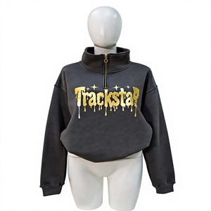 Sudadera de Mujer Gris Carbón con Cierre de Cremallera, Estampado Gráfico Metálico Dorado Trackstar Melting, Top Tipo Pullover - Product Image 1