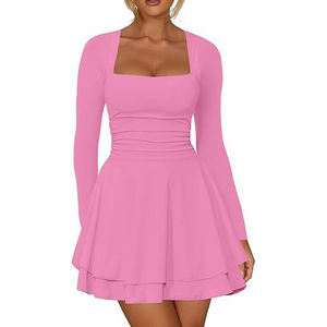 Abito Mini Personalizzato con Scollo Quadrato e <span class=keywords><strong>Maniche</strong></span> <span class=keywords><strong>Lunghe</strong></span>, Vestito Plissettato Tinta Unita, Abito Corto Aderente Sexy per Feste - Product Image 6