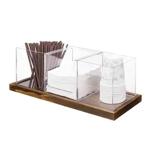 High Quality Rectangle Clear Acrylic Coffee Tea Station Organizer With Wood Tray Or Storing Coffee And Tea Accessories