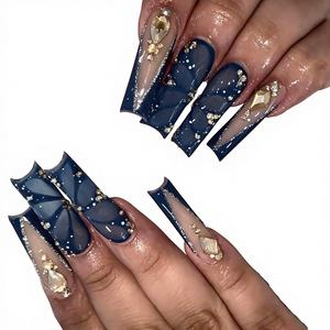 Ongles à presser carrés bleus français en ABS, motif papillon 3D, strass de luxe, 24 pièces, vente chaude - Product Image 2