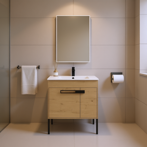 Meuble-lavabo autoportant pour salle de bain, 30 pouces, en bois, design moderne et minimaliste, avec miroir inclus, vasque en céramique, sur pied - Product Image 2