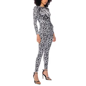 2023 diseño de moda OEM fábrica mujeres leopardo estampado mono ajustado manga larga cuello redondo mono