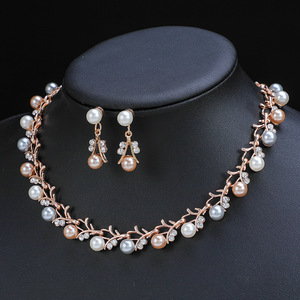Dos piezas nuevo diseño moda nupcial circón agua dulce perla colgante collar pendientes conjunto de joyería para mujer boda - Product Image 1