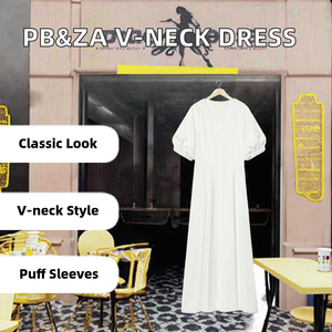PB&ZA Primavera Nuevo Vestido Maxi Vintage para Mujer con Cintura Natural, Cremallera, Corte A, Escote en V y Manga Corta Abullonada 2201957 - Product Image 2