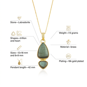 Hip Hop Jewelry Natural Labradorite Pendant Necklace 18k Gold Plated Double Cabochon Gemstone Fashion Chain Necklace For Women - Product Image 1