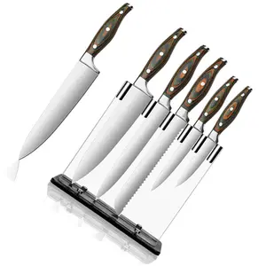 Set di coltelli da cucina con manico in legno Pakka in acciaio inossidabile 3 cr13 personalizzato da 5 pezzi con portacoltelli in acrilico