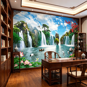 Papel Tapiz 3D Personalizado, Paisaje de Cielo Azul con Cascada, Grullas Blancas, Pinos y Flores de <span class=keywords><strong>Ciruelo</strong></span>, Estilo Chino, Mural para Talleres y Dormitorios - Product Image 5
