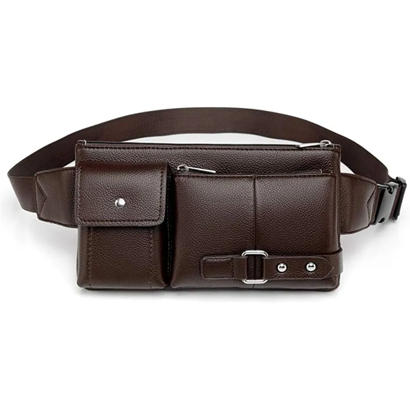 Wholesale black brown waterproof pu leather custom belt pack business phone pouch with multi pockets waist bag men