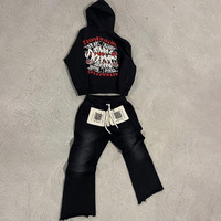 Ensemble de survêtement unisexe athlétique à capuche, brodé effet délavé soleil, avec sweat à capuche évasé personnalisé et motif graffiti, effet vieilli et effiloché