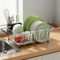 Égouttoir à vaisselle extensible BX pour évier, organisateur de rangement de cuisine avec porte-ustensiles et crochets pour bols, assiettes, tasses et couverts