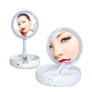 Cosmetic <b>Mirror</b> Round <b>Desktop</b> Dual Sided 10X Magnification Foldable With Light And Storage For Makeup - Product Image 4