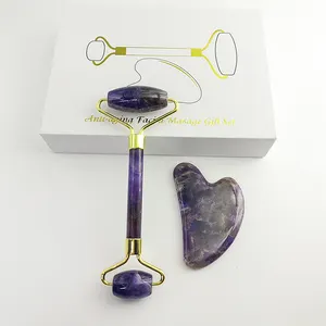 Handheld Natural pink Rose Quartz Crystal Face Massage Real Jade Facial Roller and <strong>Gua</strong> <strong>Sha</strong> <strong>Set</strong> - Product Image 3