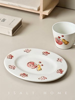 Set Cangkir dan Piring Kopi Keramik Rustic Buatan Tangan dengan Gagang Bermotif Kucing Kartun & Bunga untuk Teh Sore Vintage