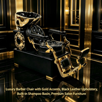 Fauteuil de lavage de luxe noir et or avec design inclinable, station de lavage de cheveux en cuir capitonné avec bac plaqué or