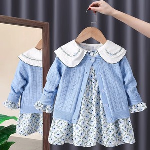Girls Knitted Sweater And Floral Dress Set Blue Cotton Country Style Outfit For Autumn - Product Image 1